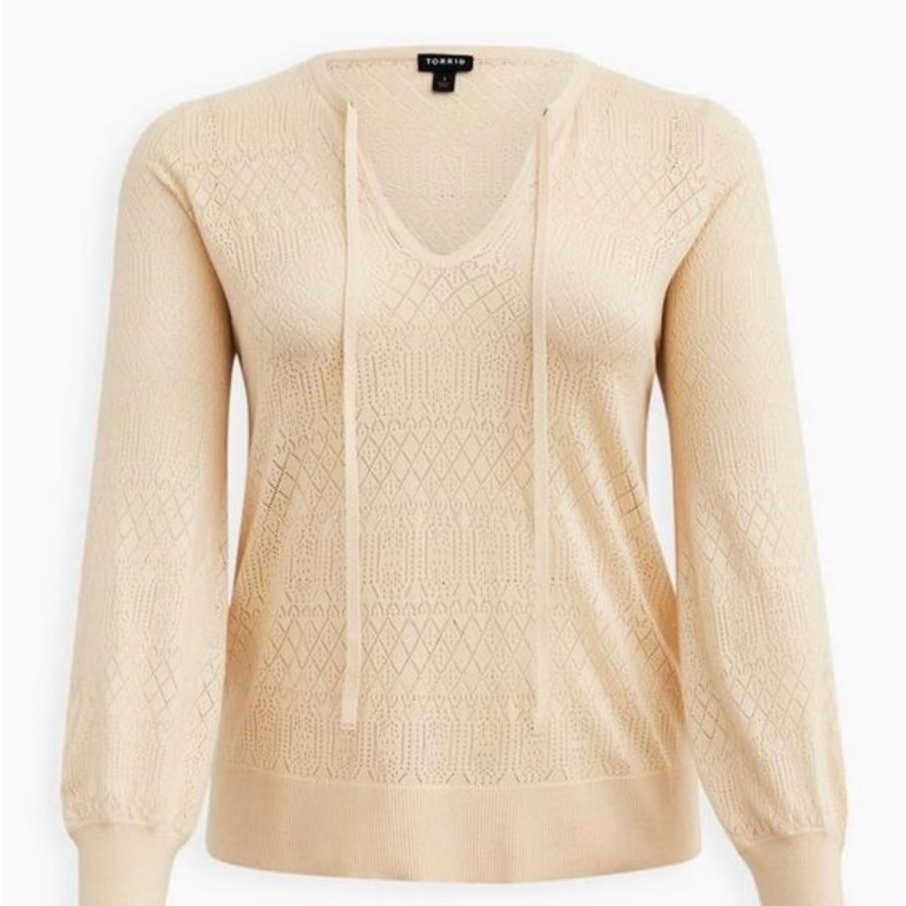 Pointelle Pullover Beach Sweater, Tie Neck